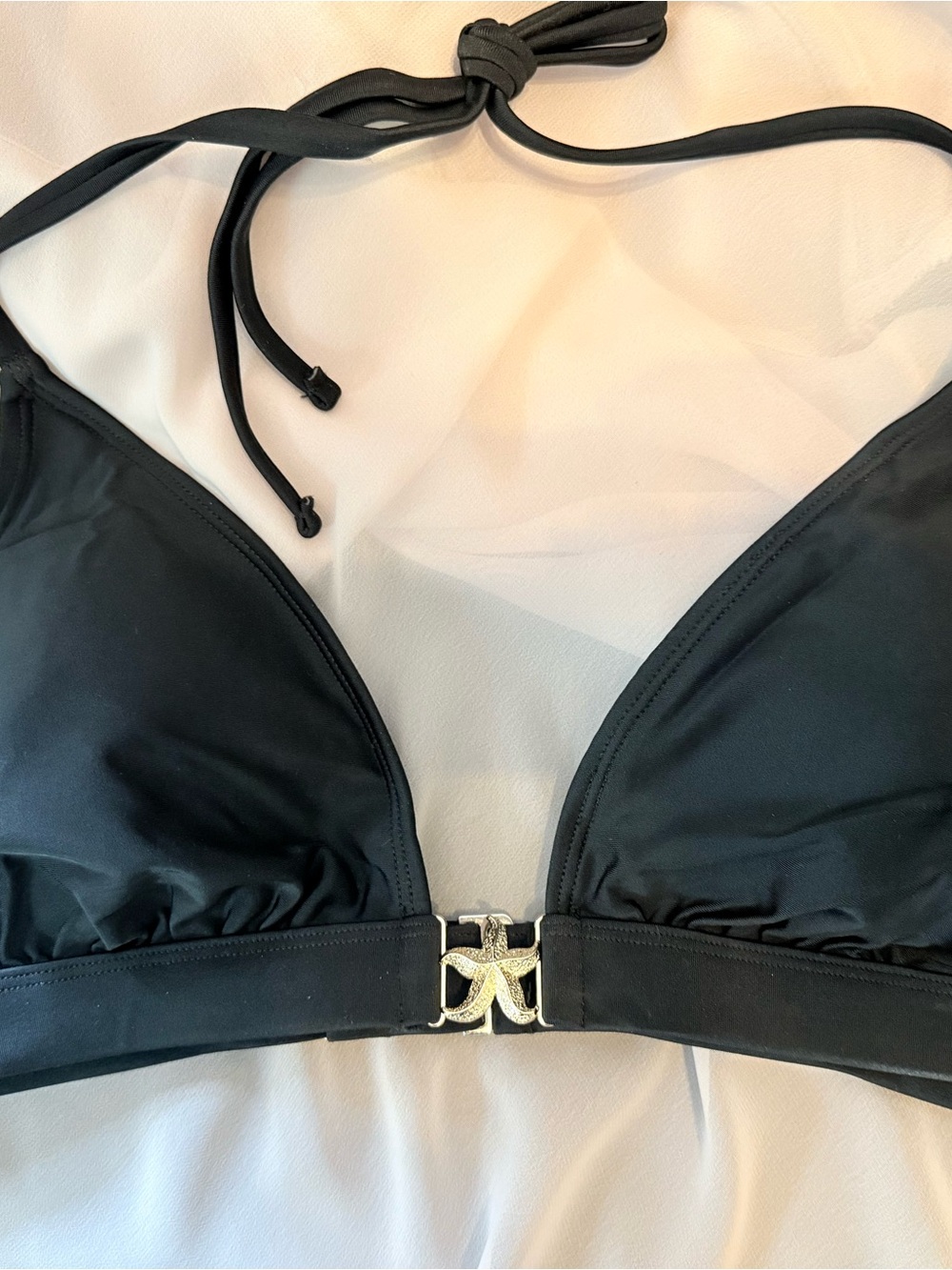 Black Triangle Bikini Top with Gold Logo Accent